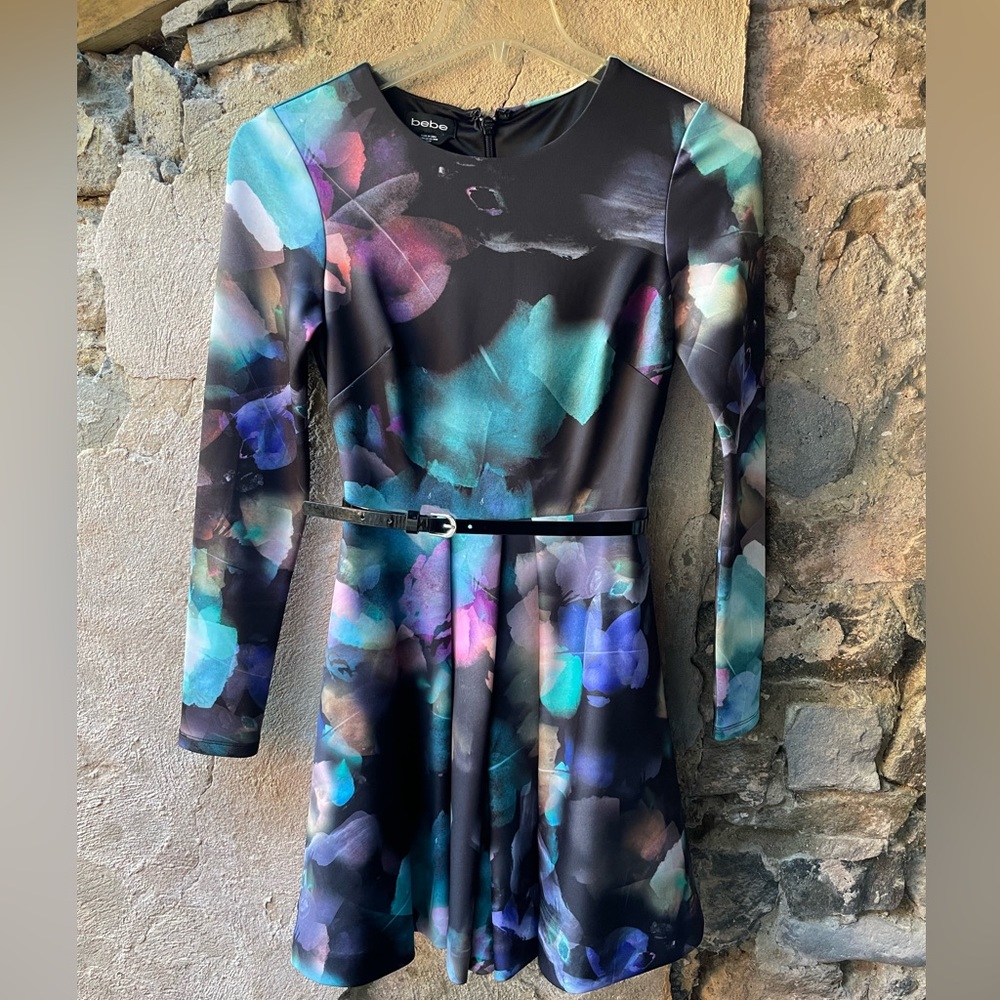 Bebe Multicolored Funky Long-sleeve Cocktail Dress with Flair Skirt